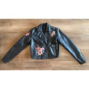 Jessica Simpson Black Faux Leather Floral Embroidered Moto Jacket Women’s Small